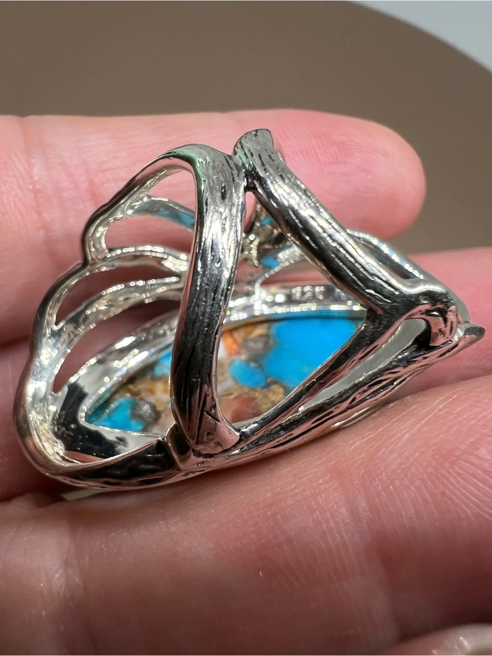 Oyster Copper Turquoise composite Sterling silver statement ring